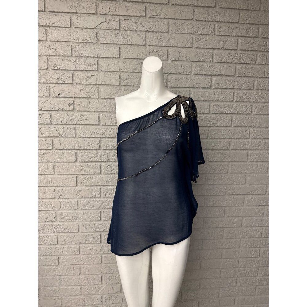 Andree Women Navy Beaded Sheer Off Shoulder Blouse Size M